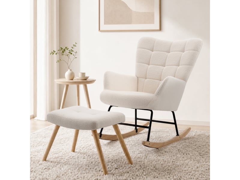  Fauteuil à bascule 91 cm avec repose-pieds, structure en métal sherpa beige  - Conforama E