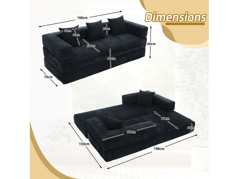  Canapé droit modulable 2 places en tissu noir avec poches latérales et base antidérapante pour le salon  - Conforama C