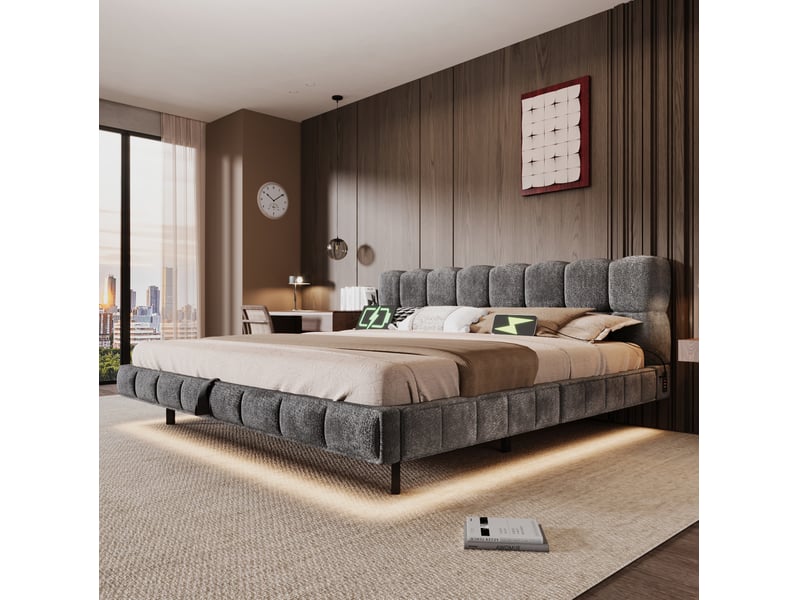  Lit double 180 × 200 cm coffre hydraulique led avec ports usb et type-c en chenille gris pour chambre 222 × 194 × 82 cm  - Conforama D