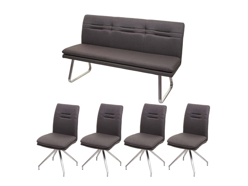  Ensemble de salle à manger 4 chaises et banquette 160 cm assises rembourrées avec protections de sol tissu gris-brun et acier inoxydable brossé 04_0010900  - Conforama A
