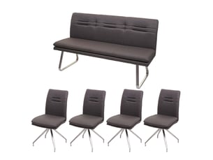 Ensemble de salle à manger 4 chaises et banquette 160 cm assises rembourrées avec protections de sol tissu gris-brun et acier inoxydable brossé 04_0010900
