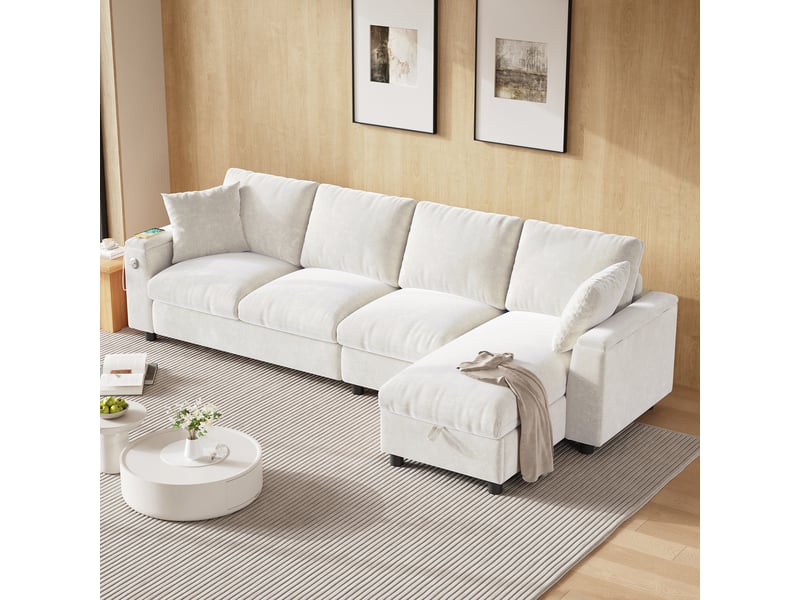  Canapé d'angle, canapé chenille – en tissu chenille, port usb, beige, avec accoudoirs, avec rangement, porte-gobelets  - Conforama E