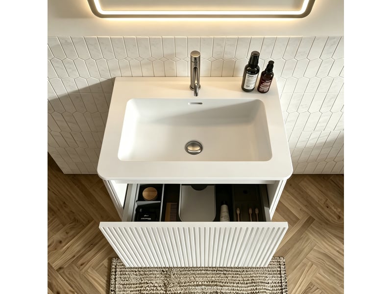  Meuble vasque suspendu 61 cm – blanc – 1 tiroir, miroir led antibuée, vasque intégrée, livré prémonté  - Conforama D