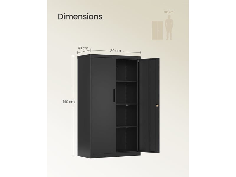  Caisson de bureau verrouillable avec 2 portes et 3 étagères réglables 80 x 40 x 140 cm en acier noir mat 12_0012666  - Conforama B