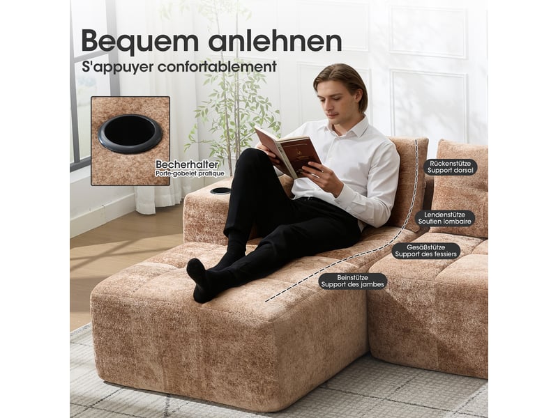  Canapé d'angle - marron clair - chenille rembourré - 258 cm de longueur - 163 cm de largeur - 68 cm de hauteur 258x163x68cm - Conforama C