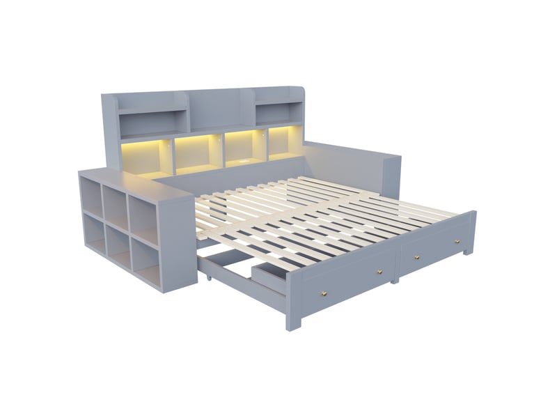  Lit enfant 90x200 cm extensible 180 cm, lit multifonctionnel avec rangement et led, bois gris, sans matelas  - Conforama R