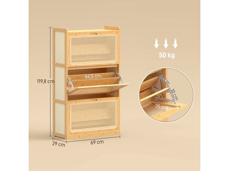  Étagère à chaussures étroite en bambou avec 3 tiroirs rabattables en rotin pour 18 à 21 paires de chaussures, 69 x 29 x 119,8 cm, naturel  - Conforama D