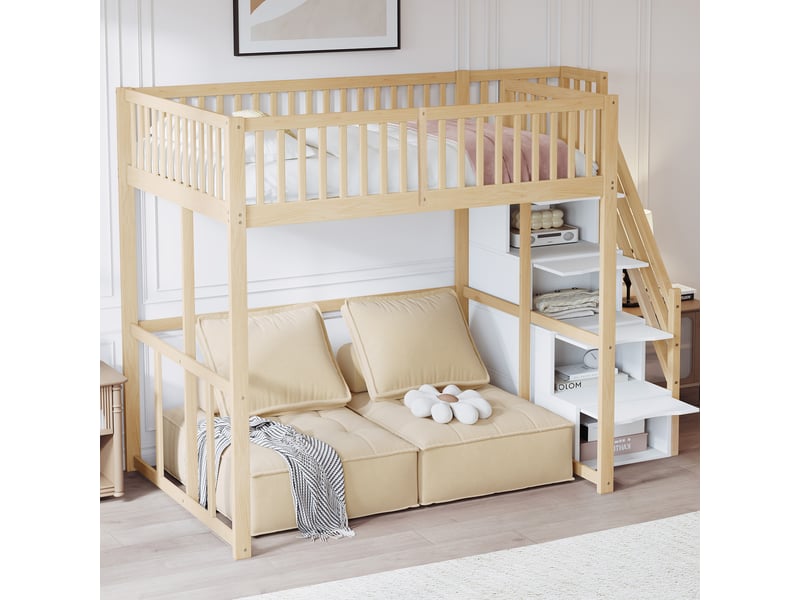 Lit mezzanine 140x200 cm avec escalier de rangement sécurisé, lit surélevé avec barrières de protection en pin massif, pour enfant et adulte, naturel Seren Glow - Conforama E