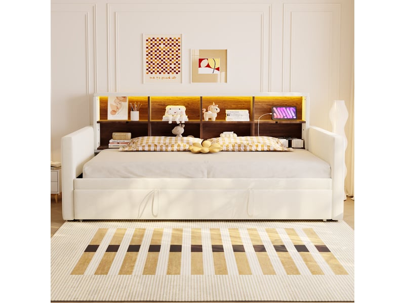  Lit canapé capitonné 90x190cm, éclairage led, prises, compartiments et couchage extractible, velours beige  - Conforama D
