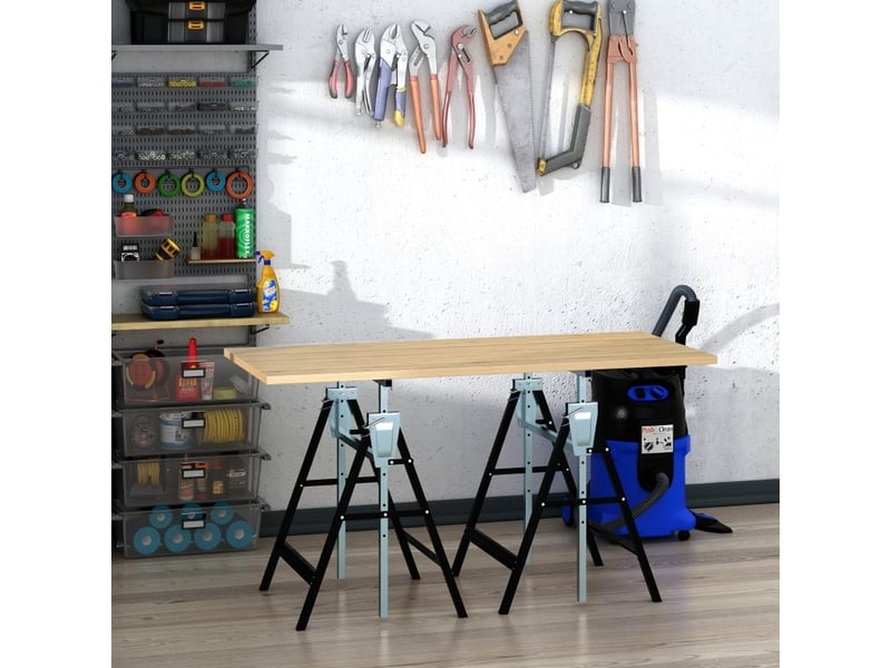  Lot de 2 tréteaux de chantier réglables 68 x 58 x 80-130 cm noir en acier, charge maximale 200 kg  - Conforama B