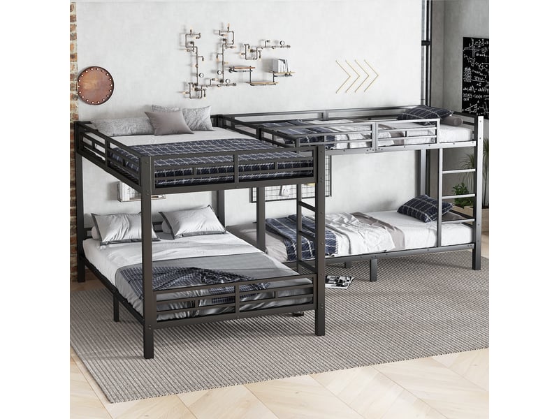  Lit superposé 90x200cm &amp; 140x200cm, lit d'angle pour chambre enfant et gîte, triple lit familial avec sommier à lattes et échelle 3 marches, noir  - Conforama B
