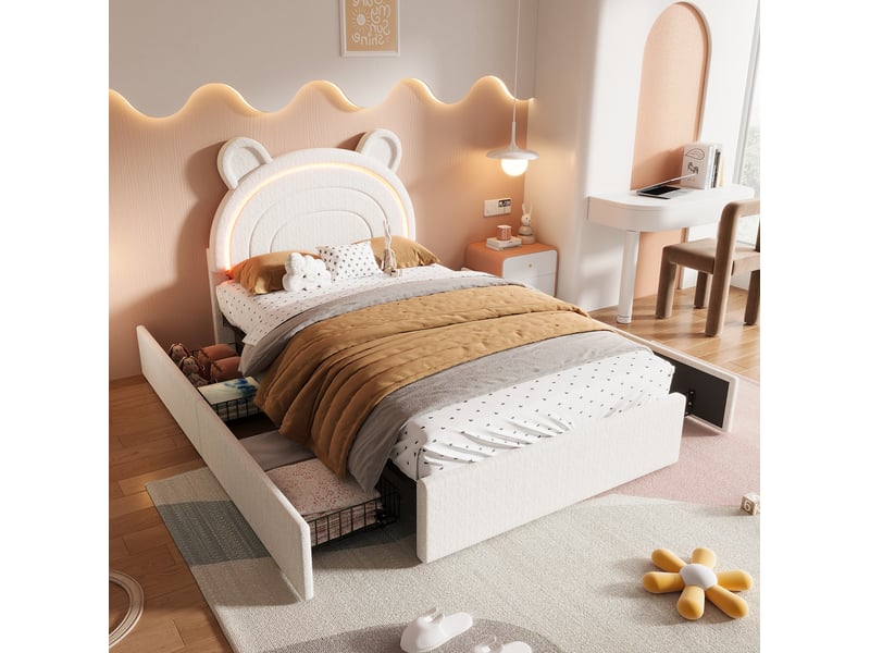  Lit enfant 90x200 cm 4 tiroirs, éclairage led contrôlé par application en velours beige  - Conforama B