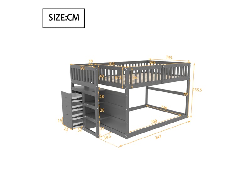  Lit superposé enfant bas 140 x 200 cm gris en bois, escalier à 4 tiroirs et barrière haute de sécurité  - Conforama C