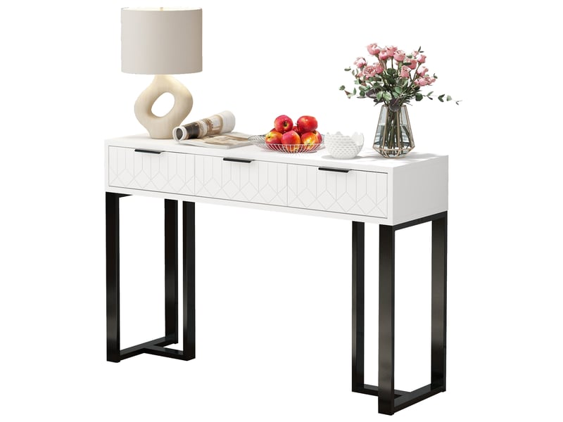  Console moderne avec tiroirs, structure dorée, pieds réglables et poignées élégantes (blanc + noir)  - Conforama A
