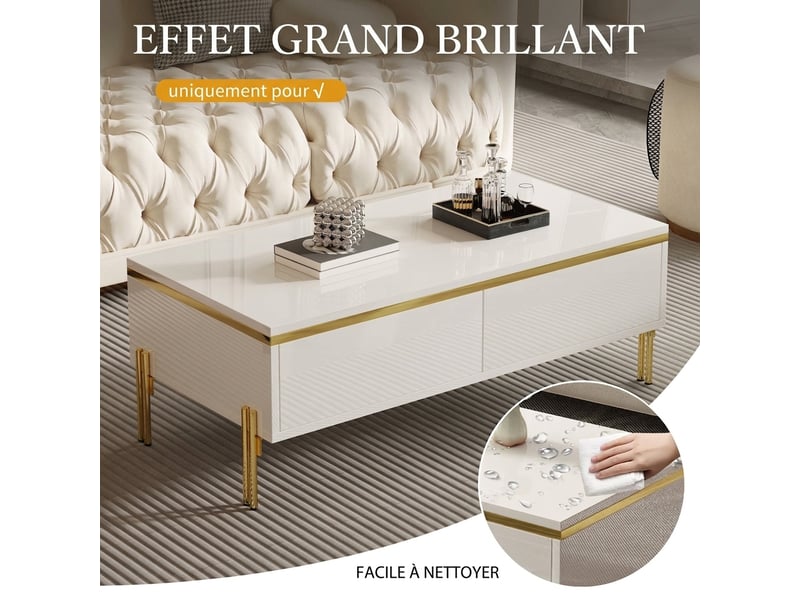  Ensemble meuble tv et table basse blanc brillant avec détails dorés, meuble tv 170 cm  - Conforama D