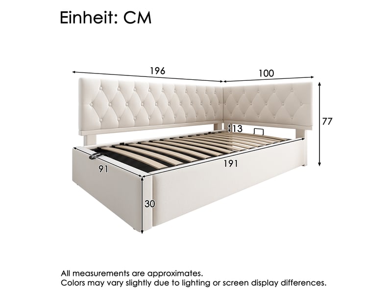  Lit coffre beige 90x190 cm avec sommier relevable à vérins  - Conforama C