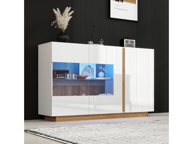  Buffet commode haute brillance, panneaux de particules blancs avec verre, base en bois, commode armoire de couloir 138*38*90.5cm  - Conforama B