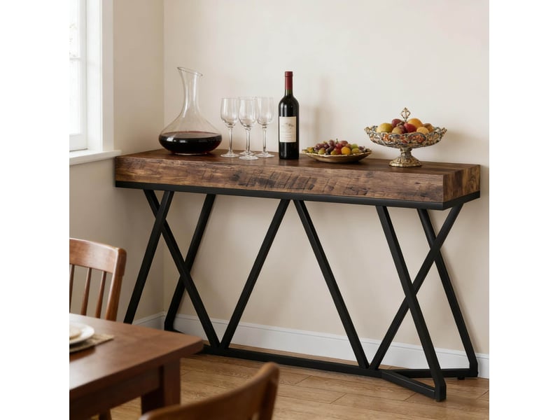 Table console avec plateau 140 cm structure métallique style industriel pour entrée salon en mdf et métal noir rustique - Conforama D