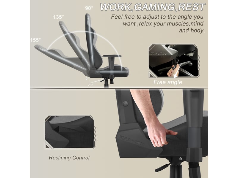  Chaise de bureau ergonomique avec appuie-tête, dossier inclinable et accoudoirs réglables en tissu gris clair  - Conforama E