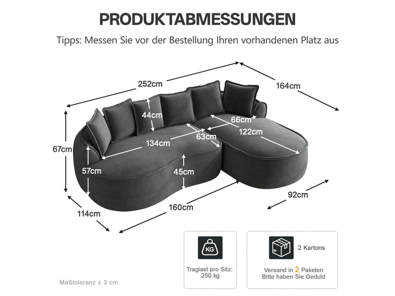 Canapé modulable 252x164x67 cm tissu chenille assise profonde mobilier de salon assise confortable moderne gris OPULERANE TRADING LTD - Conforama D