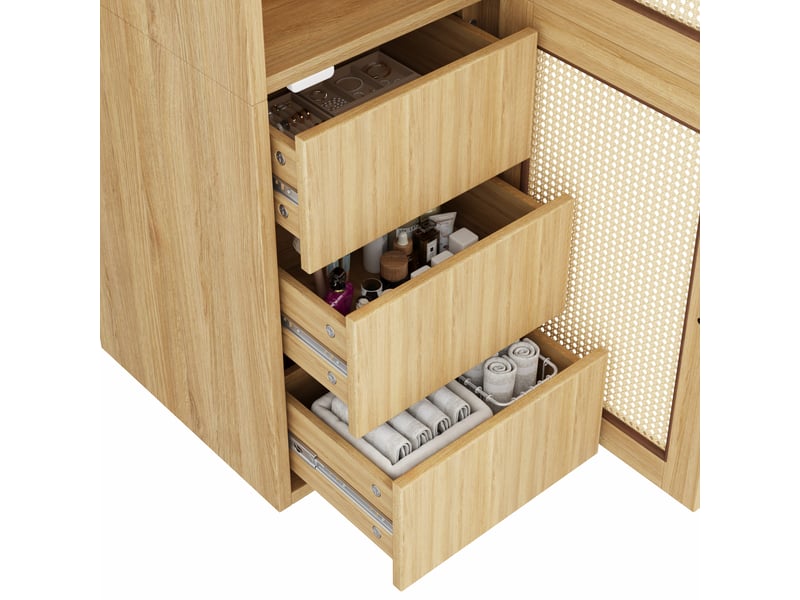 Armoire 1 porte étroite 45 cm avec penderie et 3 tiroirs, mdf et rotin, chêne  - Conforama W