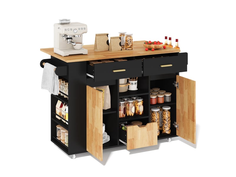  Île de cuisine mobile avec plaque de travail rabattable, chariot de cuisine et armoire de rangement avec rayon d'épices à 3 niveaux, 3 grands tiroirs et roues à verrouillage, 120 × 45(71) × 90 cm  - Conforama B