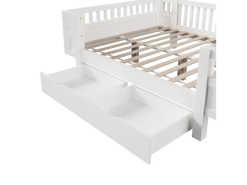  Lit enfant 140 x 200 cm, cadre de lit avec rangement, 2 tiroirs, barrières de sécurité, 2 places, structure multifonction, bois massif, blanc Morn Vibe - Conforama E