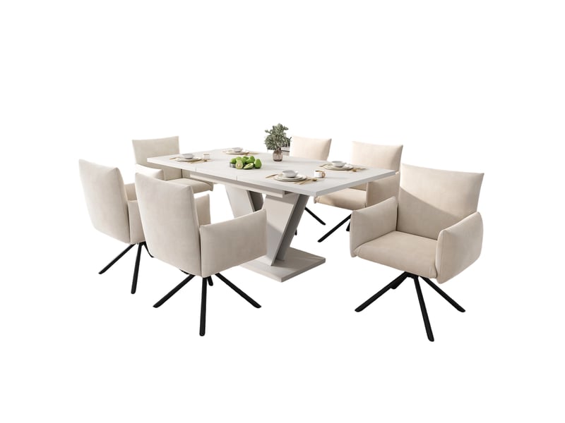  Ensemble table et chaises, table rectangulaire extensible mdf blanc, 6 chaises rotation 360°, rangement, velours, beige  - Conforama A