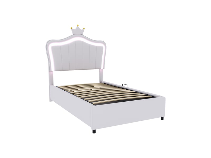  Lit enfant 90x200 cm en similicuir blanc, couronne, led, tête de lit réglable et coffre hydraulique  - Conforama E