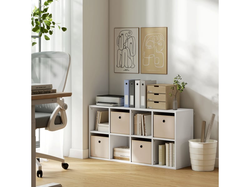  Étagère cubique 8 compartiments + 4 tiroirs tissu, pose horizontalvertical, blancbeige, 105,9×30×53,7 cm  - Conforama D