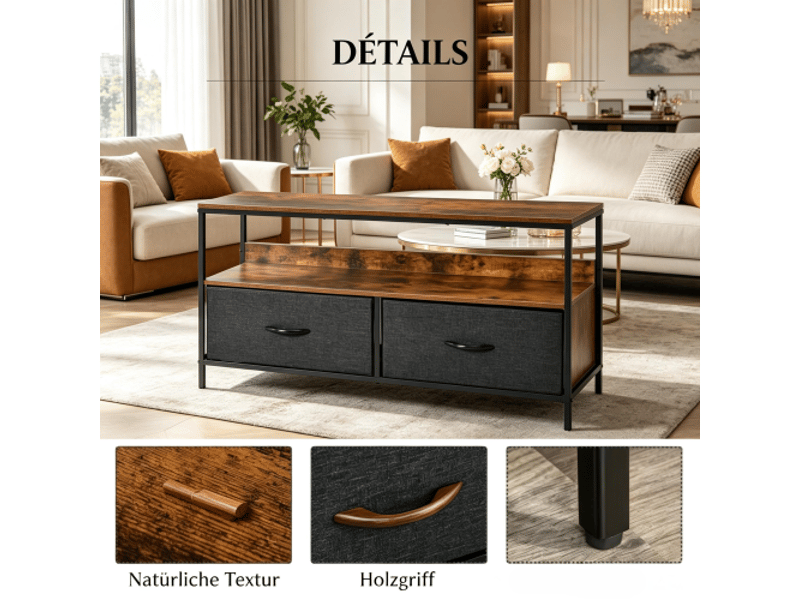  Meuble tv bas avec 2 tiroirs pliables et niche ouverte, structure métal, pour salon ou chambre, 98 × 29 × 56 cm  - Conforama E