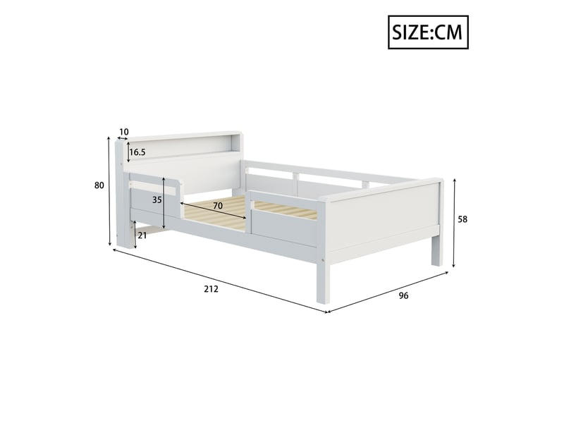  Lit enfant 90x200 cm en pin blanc avec tête de lit rangement et led  - Conforama C