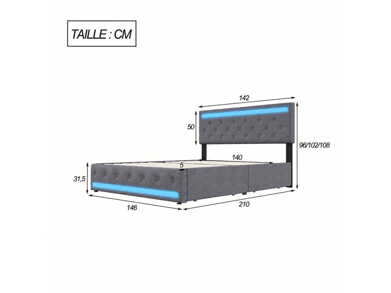  Lit double 140 x 200 cm gris avec 4 tiroirs, revêtement effet lin, éclairage led et port usb, sans matelas  - Conforama C