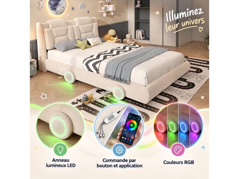  Lit enfant 140x200 cm - lit rembourré avec sommier à lattes - flanelle - sans matelas - beige crème  - Conforama D