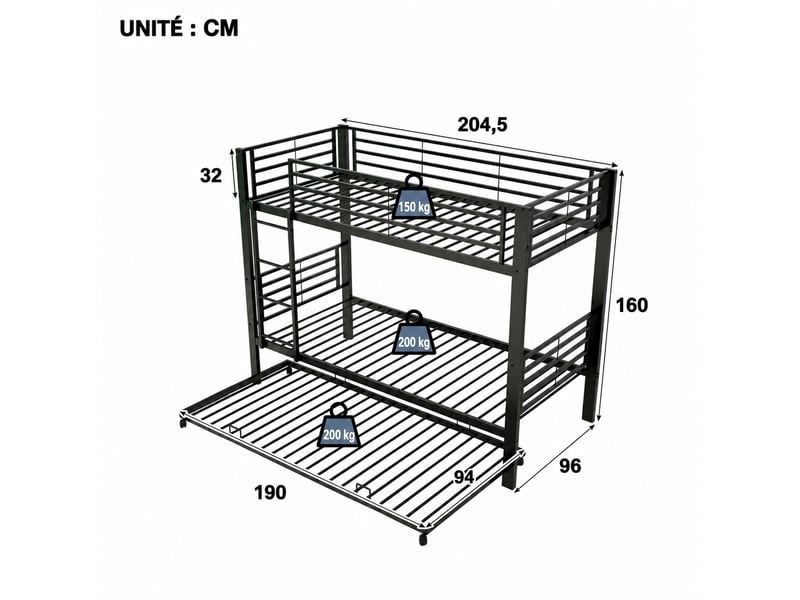  Lit superposé métal 90 x 200 cm avec lit gigogne, 3 couchages, barrières et échelle  - Conforama C