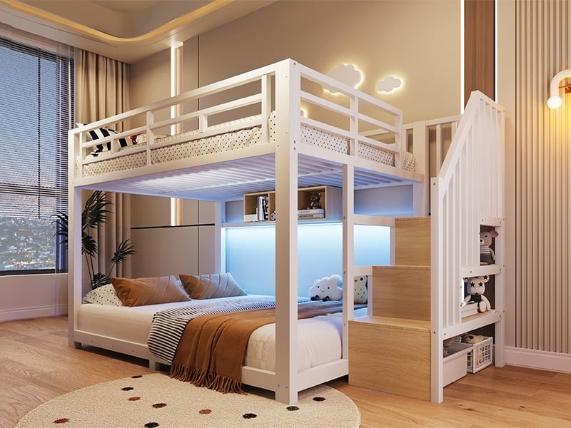Lit superposé 140 x 200 cm, avec led, 3 compartiments, escalier avec rangements, garde-corps, marches, blanc - Conforama B