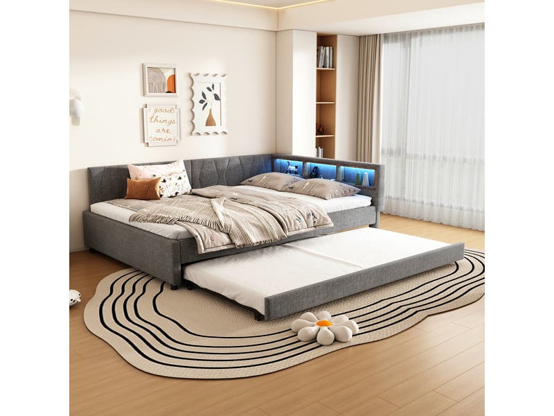  Canapé-lit, lit de repos, lit gigogne 140x200cm, avec ports usb type-c, éclairage led, sans matelas, lin gris  - Conforama C