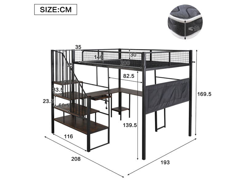  Lit mezzanine 140 × 200 cm 2 places avec bureau d'angle, port de charge, tiroir clavier et poche, sans matelas, noir vintage  - Conforama D