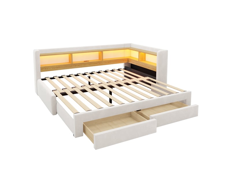  Canapé-lit 90x200 cm – avec lit gigogne – avec 2 tiroirs – avec éclairage led – avec prise électrique – beige (matelas non inclus)  - Conforama R