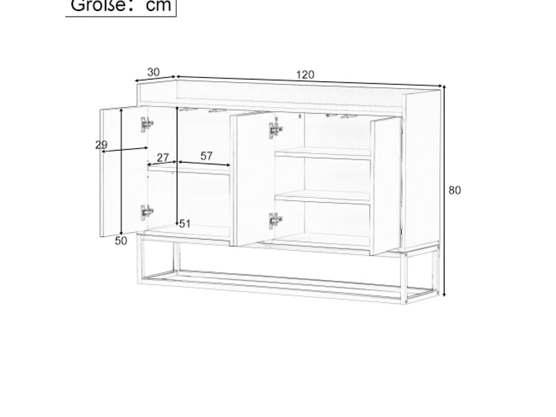  Buffet bas modenvie 4 portes sans poignée 120 x 30 x 80 cm noir avec étagères réglables et structure en métal  - Conforama C