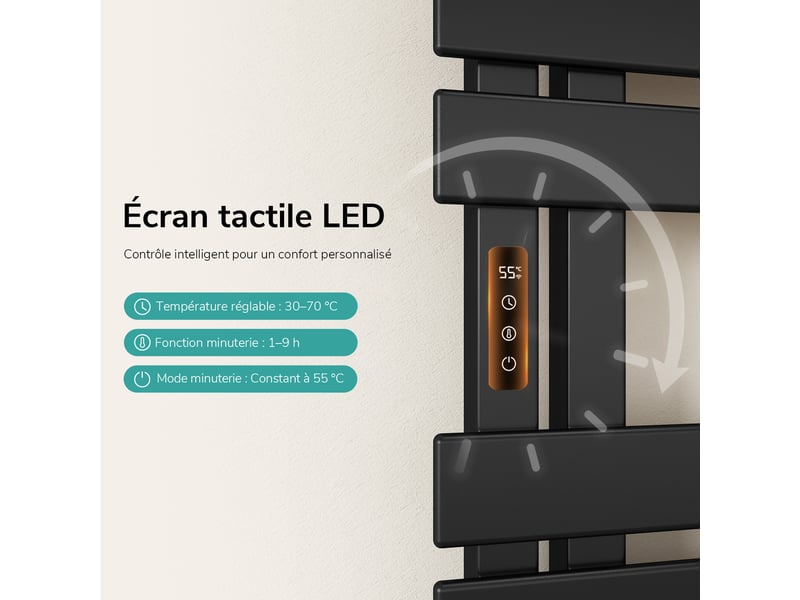  Emke sèche-serviettes électrique salle de bain wifi 320w noir 1000 x 500 mm chauffage sec mural  - Conforama D