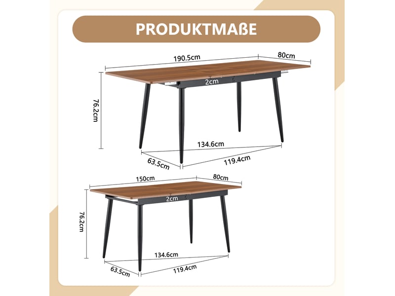 Table à manger rectangulaire 190,5 x 80 cm – walnut – plateau effet bois, pieds métal industriel - Conforama C