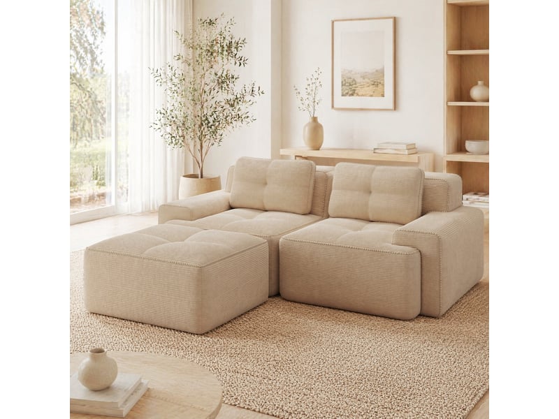  Canapé modulable 2 places en velours côtelé beige avec pouf - 204 x 177 x 69 cm  - Conforama C