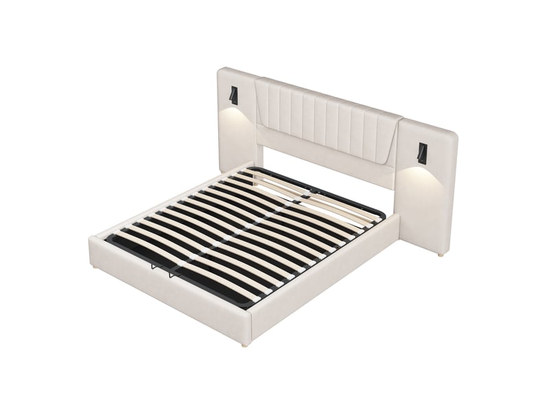  Lit rembourré 180 x 200 cm, avec dossier extra-long, lampe de lecture orientable, port de chargement usb, lit coffre hydraulique, lit double, tissu velours, beige  - Conforama A