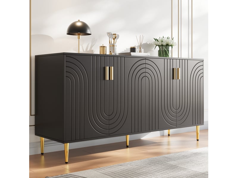  Buffet bas noir 152 x 40 x 75 cm avec design ondulé, détails dorés et portes battantes  - Conforama C