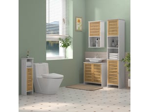 Meuble de salle de bain avec support papier toilette barre amovible 3 niveaux + sortie papier, bambou blanc, 78h cm