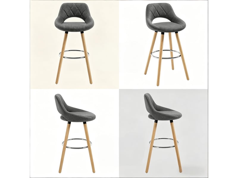  Tabouret de bar en lin avec dossier ergonomique, pieds en bois massif et patins antidérapants, gris foncé  - Conforama E