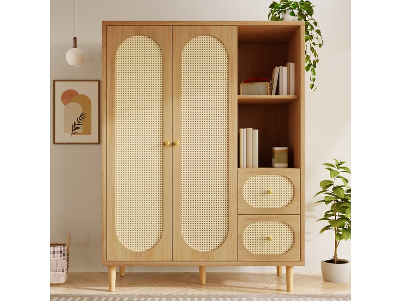 Armoire 120x48x161 cm avec penderie et portes en cannage rotin, dressing avec 2 tiroirs et étagères, style bohème - aspect chêne - Conforama B