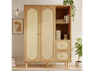 Armoire 120x48x161 cm avec penderie et portes en cannage rotin, dressing avec 2 tiroirs et étagères, style bohème - aspect chêne