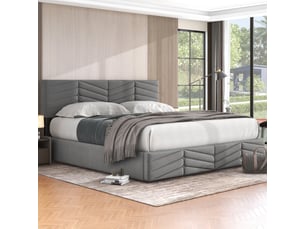 Lit 160x200 cm tête relevable hydraulique style continental capitonné velours rayé gris